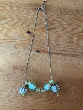Artisan style necklace handmade glass beads, similar to Murano glass, chain